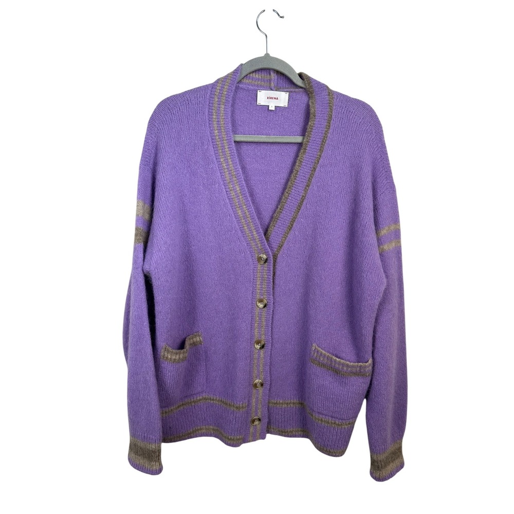 Xirena Cardigan Women Size S Purple Alpaca Wool Striped Trim V-Neck Excellent